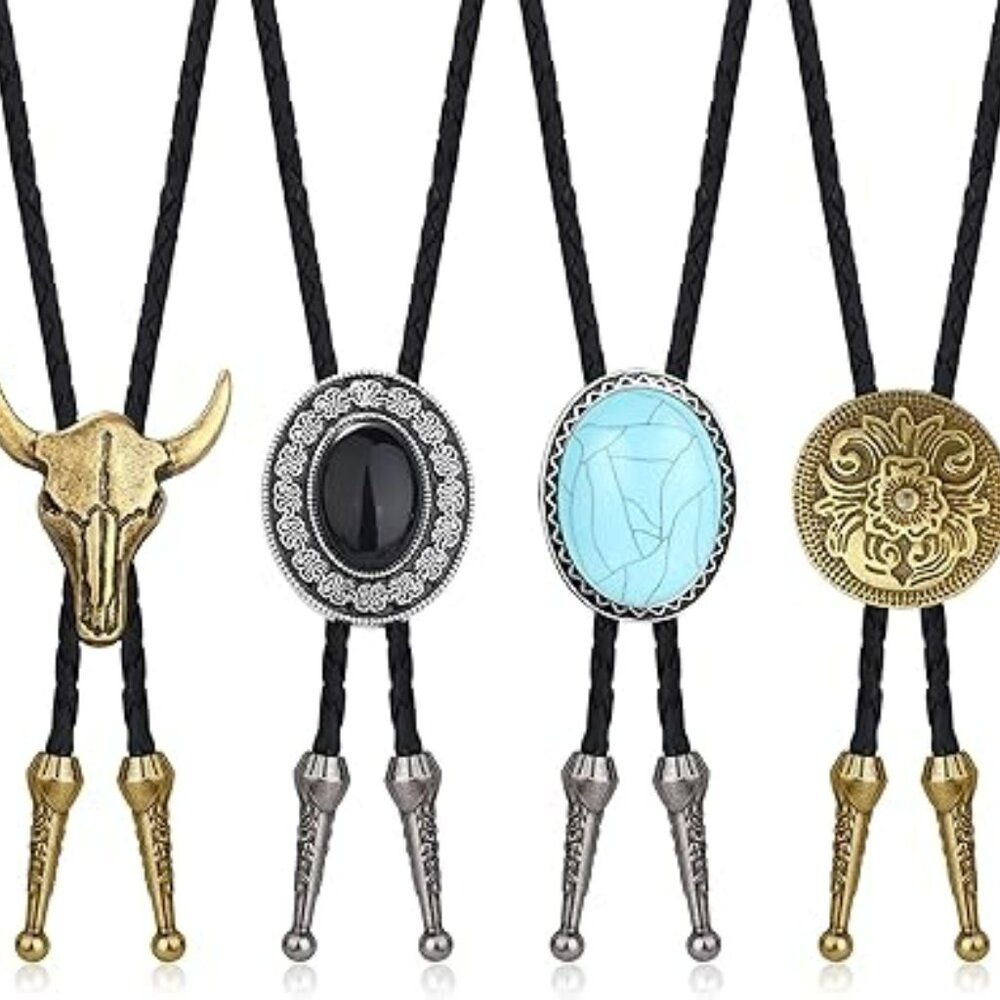 4 Bolo Tie for Men Western Cowboy Leather Necktie Set‎ of 4 Different Ties
